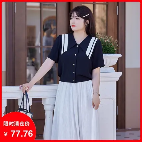 【清仓】季新款大码女装显瘦胖MM开衫上衣女娃娃领黑色短袖雪纺衫商品大图