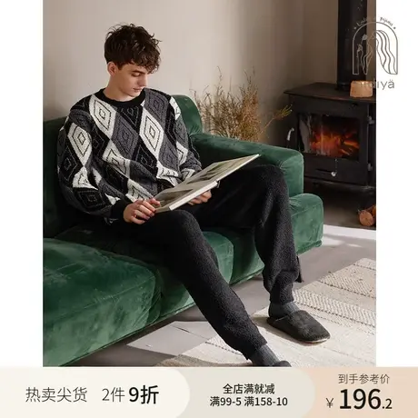 妮狄娅睡衣男秋冬季半边绒长袖圆领套头可外穿休闲家居服套装商品大图