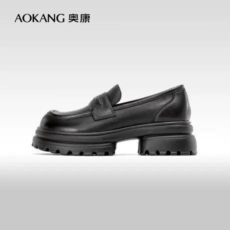奥康女鞋 2023秋季新款白色厚底乐福鞋百搭休闲增高黑色小皮鞋商品大图