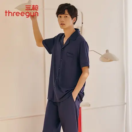三枪睡衣睡裤套装男士夏季新品凉感弹力棉短袖长裤轻薄透气家居服图片
