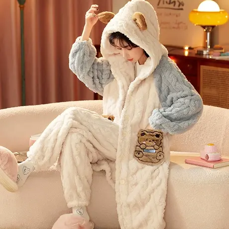 睡衣女冬季珊瑚绒加绒加厚法兰绒睡袍可外穿家居服套装2023年新款图片