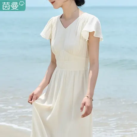 茵曼飞飞袖连衣裙女2023年夏季新款高腰白色裙子沙滩裙高端夏天图片