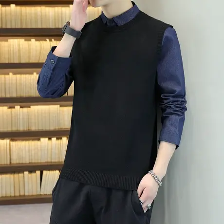 假两件衬衫领针织衫男士春秋款韩版修身翻领毛衣青少年撞色毛线衫商品大图