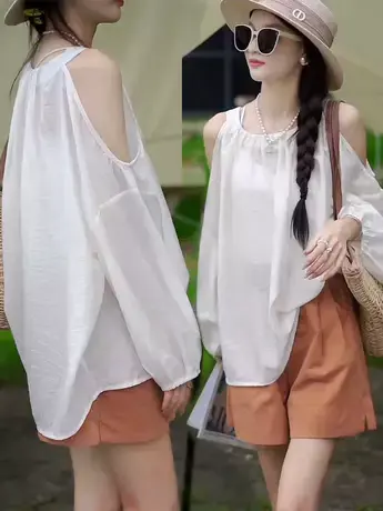 韩版设计感露肩挂脖灯笼袖碎花防晒衬衫夏季宽松显瘦甜美气质上衣商品大图