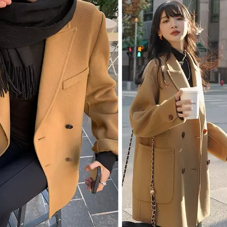 梦舒雅双面羊毛大衣女短款2023秋冬小个子高端羊毛双面呢西装外套图片