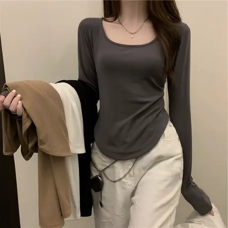 长袖方领T恤女2023初秋新款修身短款春秋冬打底衫内搭白色上衣商品大图