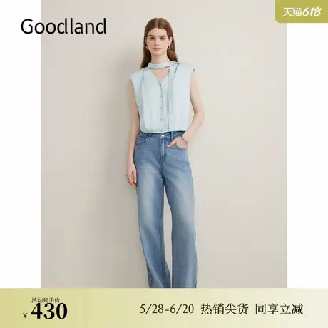 Goodland美地夏季亮丝斜纹法式飘带V领衬衫光泽感上衣商品大图