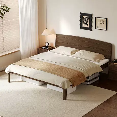 全友家居北欧风悬浮实木床卧室收纳储物高箱红橡木2米双人大床商品大图