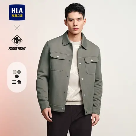 HLA/海澜之家POWER YOUNG翻领提花夹克春秋季工装休闲黑色外套男图片