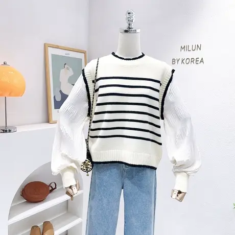 小个子毛衣春款韩版时髦洋气条纹针织衫拼接灯笼袖衬衫假两件上衣图片