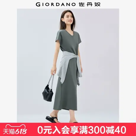 佐丹奴裙子女夏季新款简约风纯棉V领连肩短袖卫衣连衣裙05465486图片