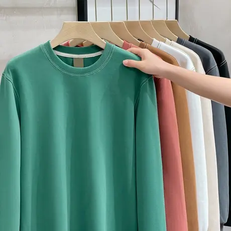 明缉线重磅简约卫衣男潮美式简约纯棉圆领长袖T恤宽松内搭打底衫商品大图