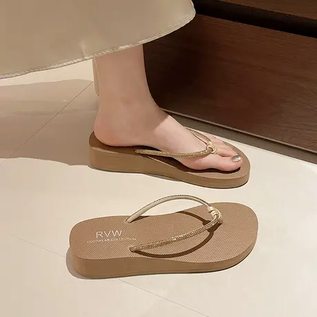 时尚水钻人字拖女款夏季外穿坡跟中跟厚底防滑网红沙滩夹脚凉拖鞋商品大图