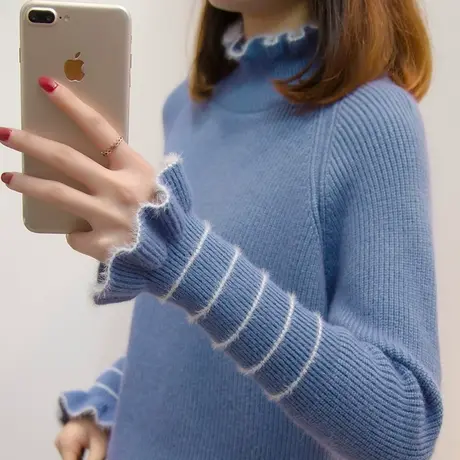 毛茸条纹木耳边半高领毛衣女宽松内搭套头秋冬新款长袖针织打底衫商品大图