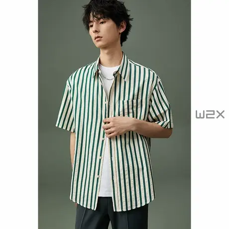 w2x夏季泡泡纱条纹短袖衬衫男时尚设计感休闲衬衣高级感百搭寸衣商品大图