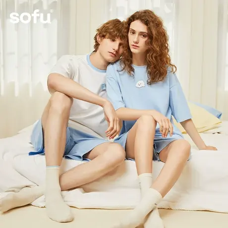 sofu情侣睡衣女款纯棉短袖短裤家居服套装全棉休闲居家服男2件套商品大图