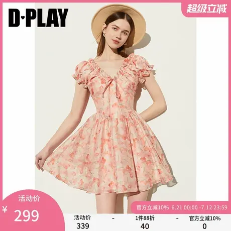 DPLAY夏季气质度假橘色连衣裙女印花海边蛋糕裙短裙沙滩裙商品大图