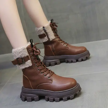 厚底马丁靴女2022年新款百搭秋冬季加绒加厚英伦风棉鞋短靴子保暖商品大图