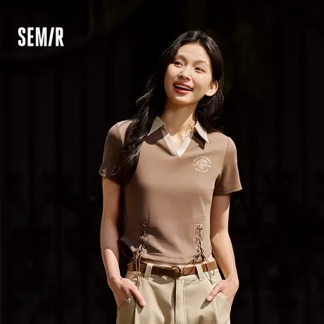森马POLO衫女短款设计感绑带美式复古辣妹夏季修身印花上衣XY商品大图