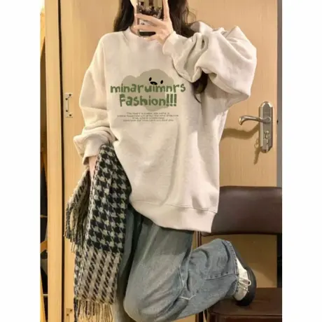 圆领白灰色重磅卫衣女士2025春秋薄款宽松慵懒风oversize美式上衣商品大图