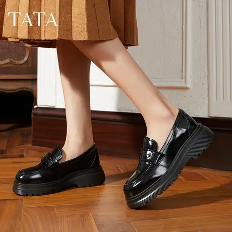 Tata他她牛皮厚底乐福鞋女圆头英伦小皮鞋奥莱夏季新款图片
