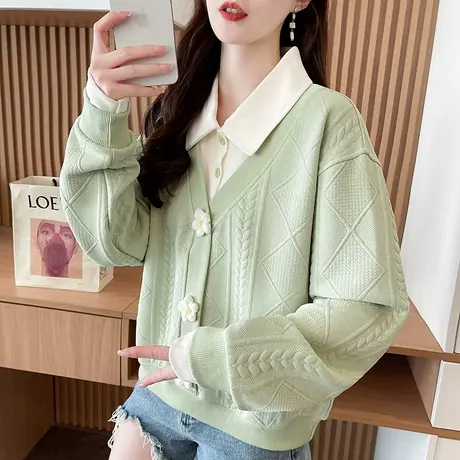 早秋polo领卫衣女2025新款春秋季韩版宽松薄款拼色假两件上衣外套商品大图