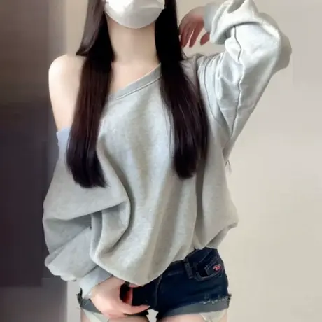 美式辣妹斜肩露肩长袖卫衣女春秋季薄款韩版宽松慵懒风上衣外套潮商品大图