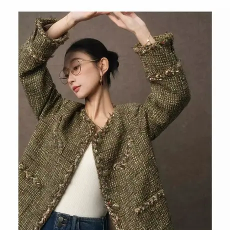 爵莱菲大码胖mm羊毛金丝编织粗花呢小香风短外套女秋季显瘦图片