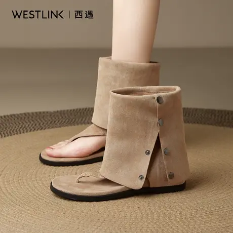 西遇内增高夹趾凉靴女2025秋季新款平底短靴百搭显瘦潮流堆堆靴A图片