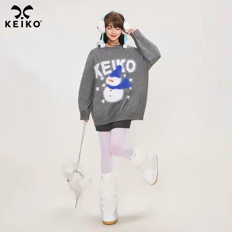 KEIKO 氛围感小雪人灰色毛衣女2025秋冬慵懒风宽松圆领软糯针织衫商品大图