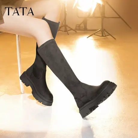 【直播下架】TATA他她厚底弹力长筒靴女靴加绒棕色美拉德瘦瘦靴商品大图