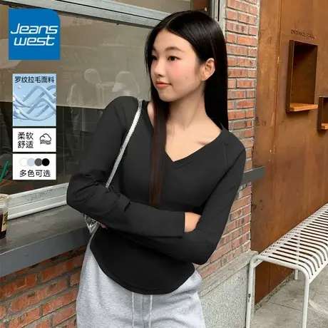 KV真维斯黑色v领长袖t恤女早秋2025新款秋季修身显瘦内搭打底衫女商品大图
