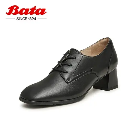 Bata系带单鞋女2023秋季商场新款通勤粗高跟百搭羊皮单鞋AHA42CM3图片
