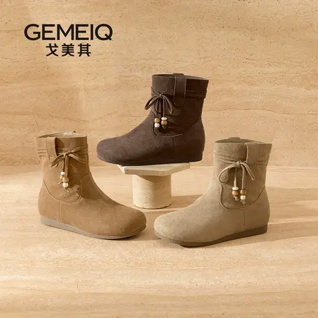 戈美其2025新款复古短靴女绒面马丁靴百搭中筒靴子绑带时尚短筒靴图片