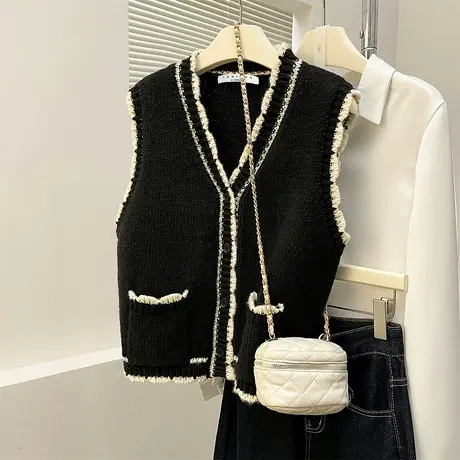 唐狮秋冬女毛衣撞色边设计开衫小香风马甲外穿高级感百搭上衣TM图片