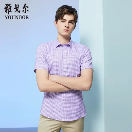 【格纹免烫】V系雅戈尔衬衫夏季商务休闲纯棉修身短袖多色衬衣商品大图