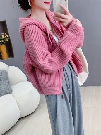 2023秋冬新款设计感拉链短款连帽针织开衫小众韩版长袖上衣外套女商品大图