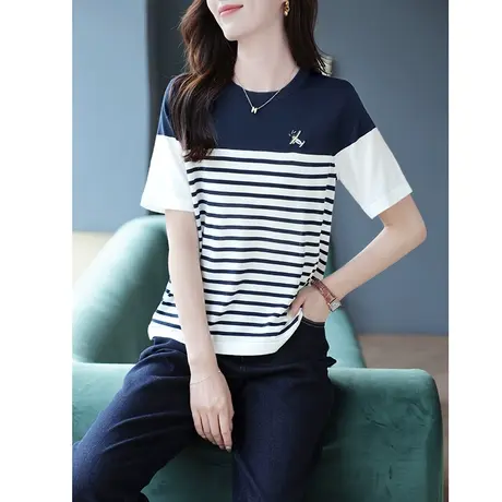 宝诗黎圆领条纹拼接针织短袖T恤2023年夏季新款休闲上衣短款女装商品大图