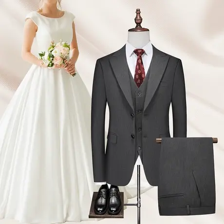 意式单排两扣戗驳领西服男三件套修身垂感外套新郎伴郎团结婚礼服图片