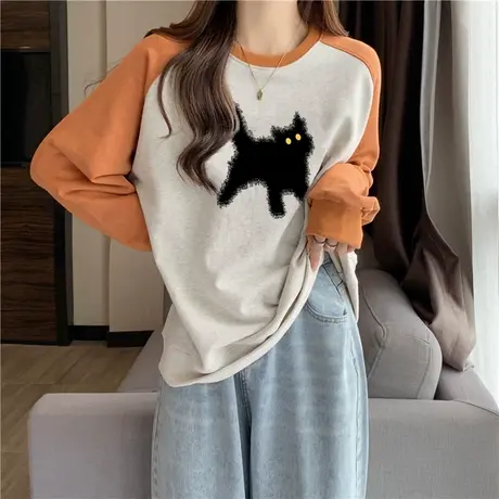 ins超火加绒加厚圆领长袖卫衣女秋冬宽松显瘦插肩袖上衣情侣装潮商品大图