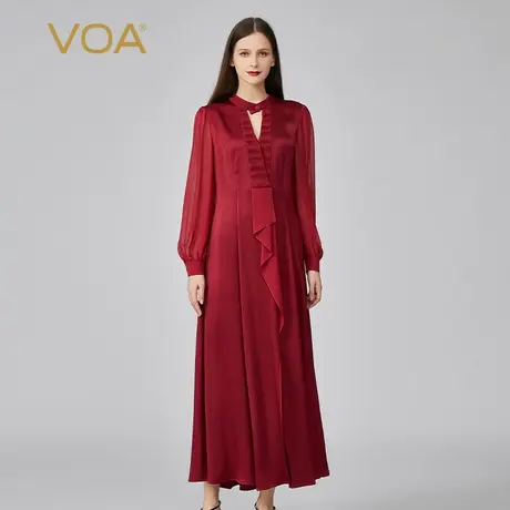 VOA40姆米双面锻桑蚕丝立领镂空塔克褶长袖乔其活页真丝连衣裙图片