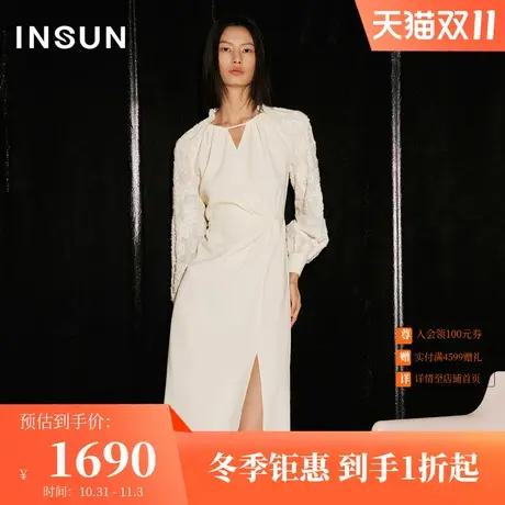 [立体烧花]恩裳COVER2023年秋装拼接雪纺剪花烫金捏褶醋酸连衣裙图片