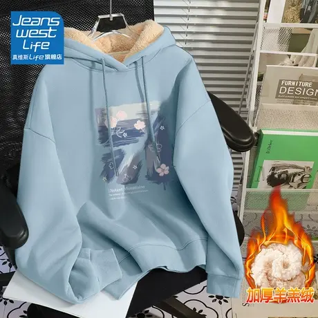 真维斯LIFE冬季羊羔绒卫衣女2023时尚蓝色涂鸦上衣加绒加厚外套W图片