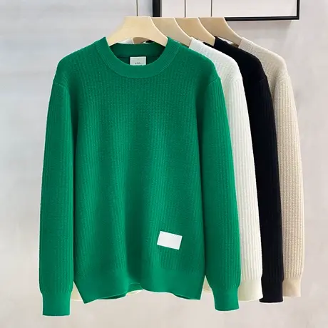 秋冬季新款韩版宽松潮流圆领简约肌理纹提花设计男士时尚休闲毛衣商品大图