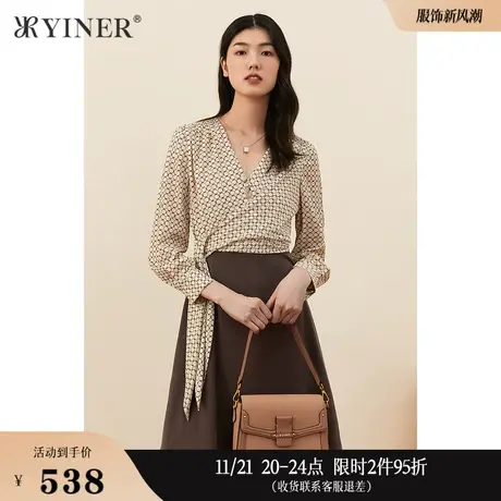 YINER音儿女装秋季气质印花V领连衣裙图片