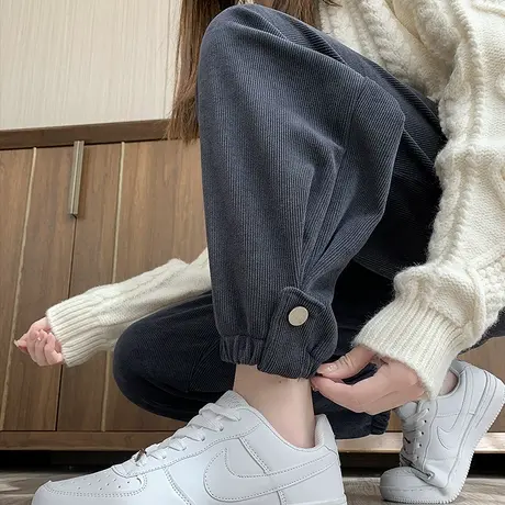 灯芯绒裤子女高腰宽松老爹裤春秋季灰色休闲束脚条绒欧棉绒哈伦裤图片