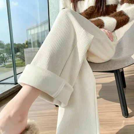 米白色灯芯绒阔腿裤女秋冬季高腰垂感直筒休闲加绒加厚雪尼尔裤子图片