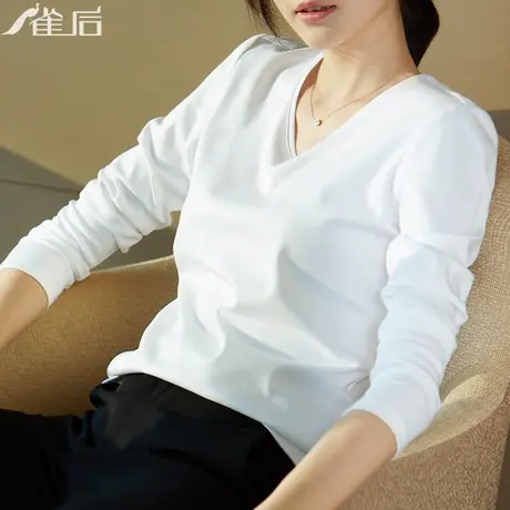 雀后白色t恤女纯棉长袖设计感小众宽松洋气打底衫内搭V领中袖上衣商品大图