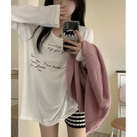 纯欲风春秋打底衫女装夏季韩版2024新款字母印花宽松长袖T恤上衣商品大图