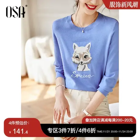 OSA欧莎蓝色七分袖冰丝针织衫女春装2023年新款显瘦百搭薄款上衣商品大图